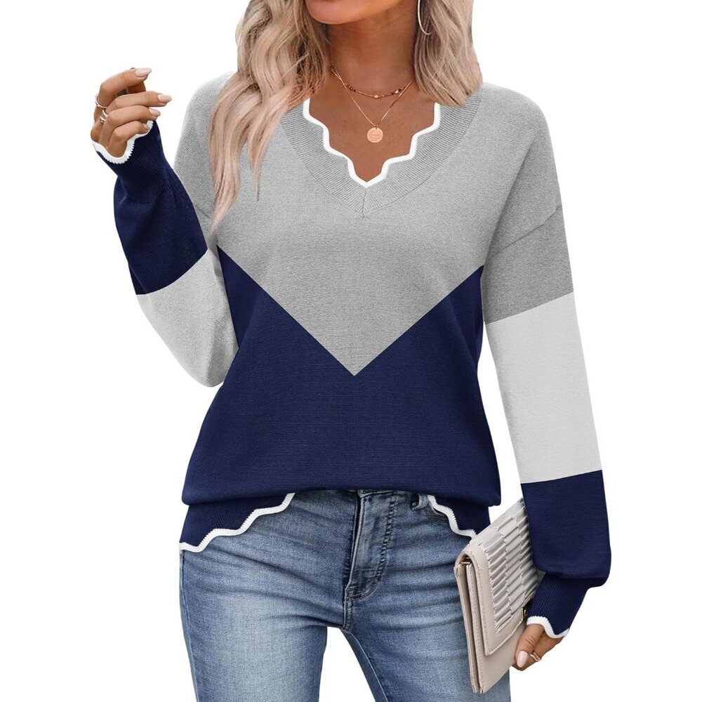Women's V Neck Sweater Casual Long Sleeve Lightweight Ribbed Knit Pullover